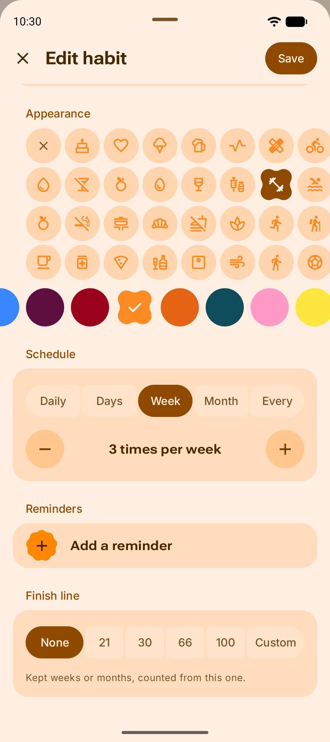 The habit editor's schedule picker, set to 3 times per week