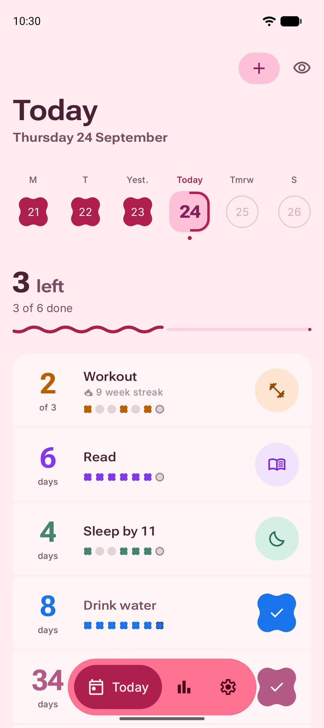 Habits on the Today screen, each with its streak and recent days