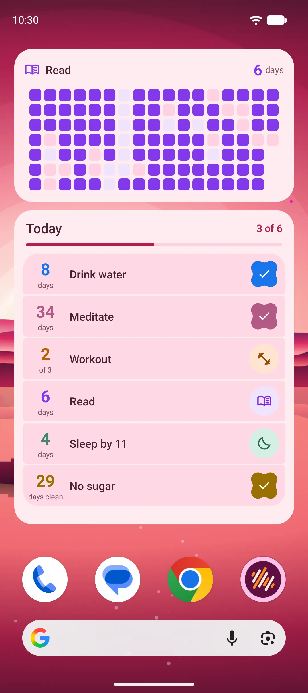 Chainkeep's heatmap widget for Read above the Today widget, on an Android home screen